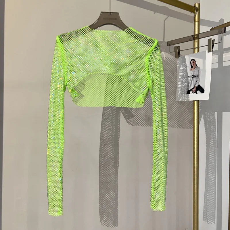 2023 new sexy bright diamond short top Slim thin Ms. hot drill long-sleeved T-shirt sexy leak waist nightclub Green One Size