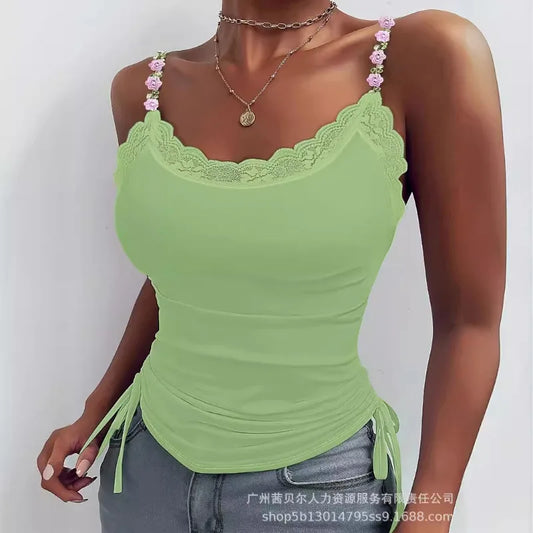 2024 Spring Summer New Vest Top Women's Closing Solid Color Slim Top Women Sexy Lace Stitching Three-Dimensional Decoration Vest