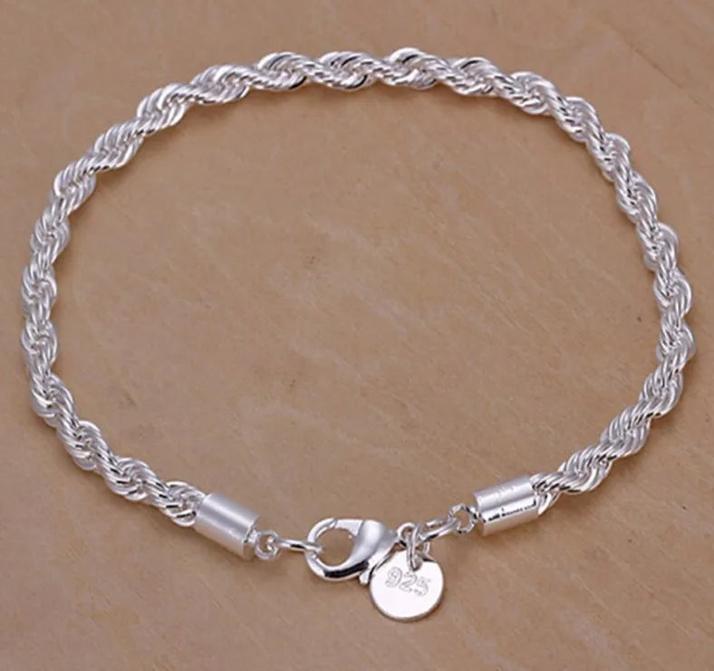 New High quality 925 Sterling Silver 4MM Women Men chain Male Twisted Rope Bracelets Fashion Silver Jewelry MS01