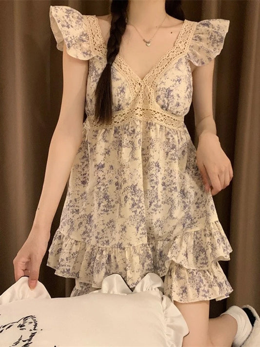 Sweet Princ Sle Women's Lace Nightgown Set with Chest Pad V-Ne ort Pants Summer Breathable Cotton Spwear