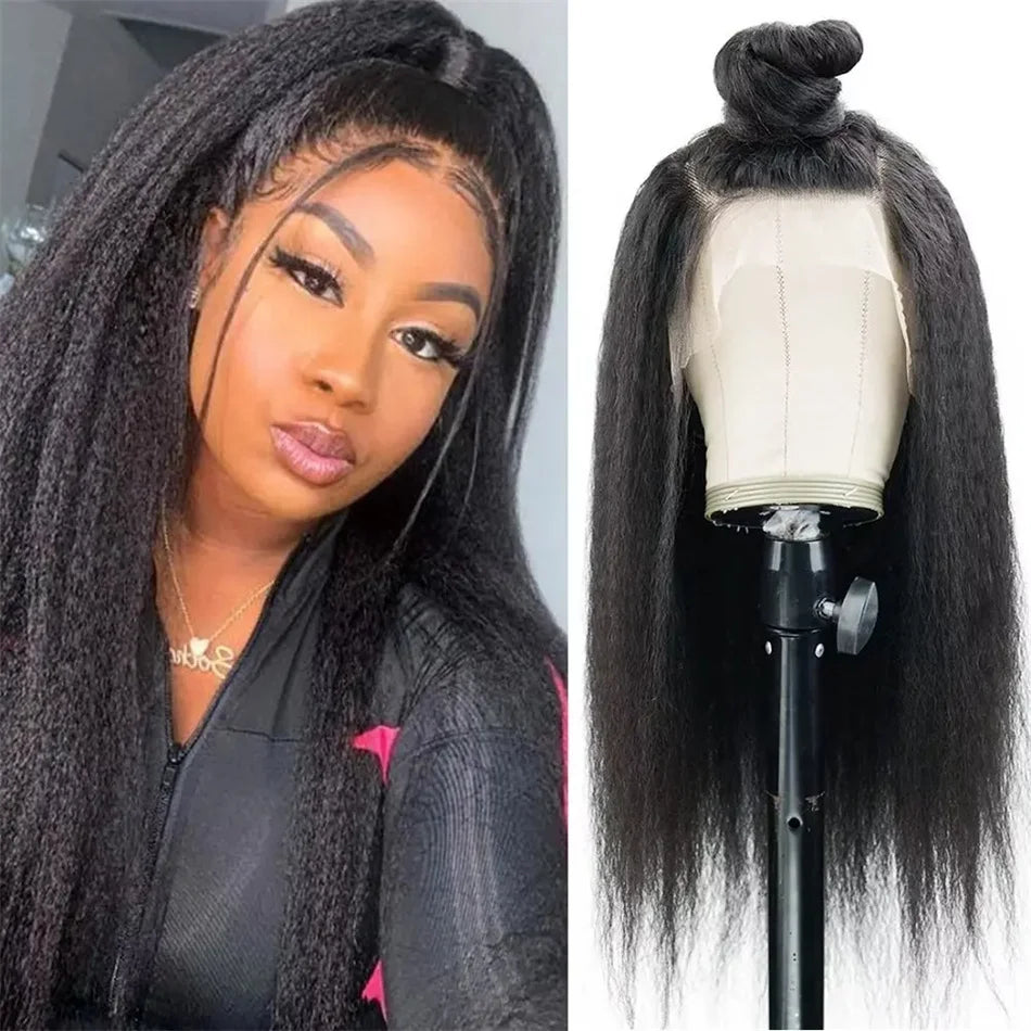 Kinky Straight 13x4 Lace Front Human Hair Wigs For Women Brazilian Bone Colored Yaki Straight Transparent Lace Frontal Curly Wig