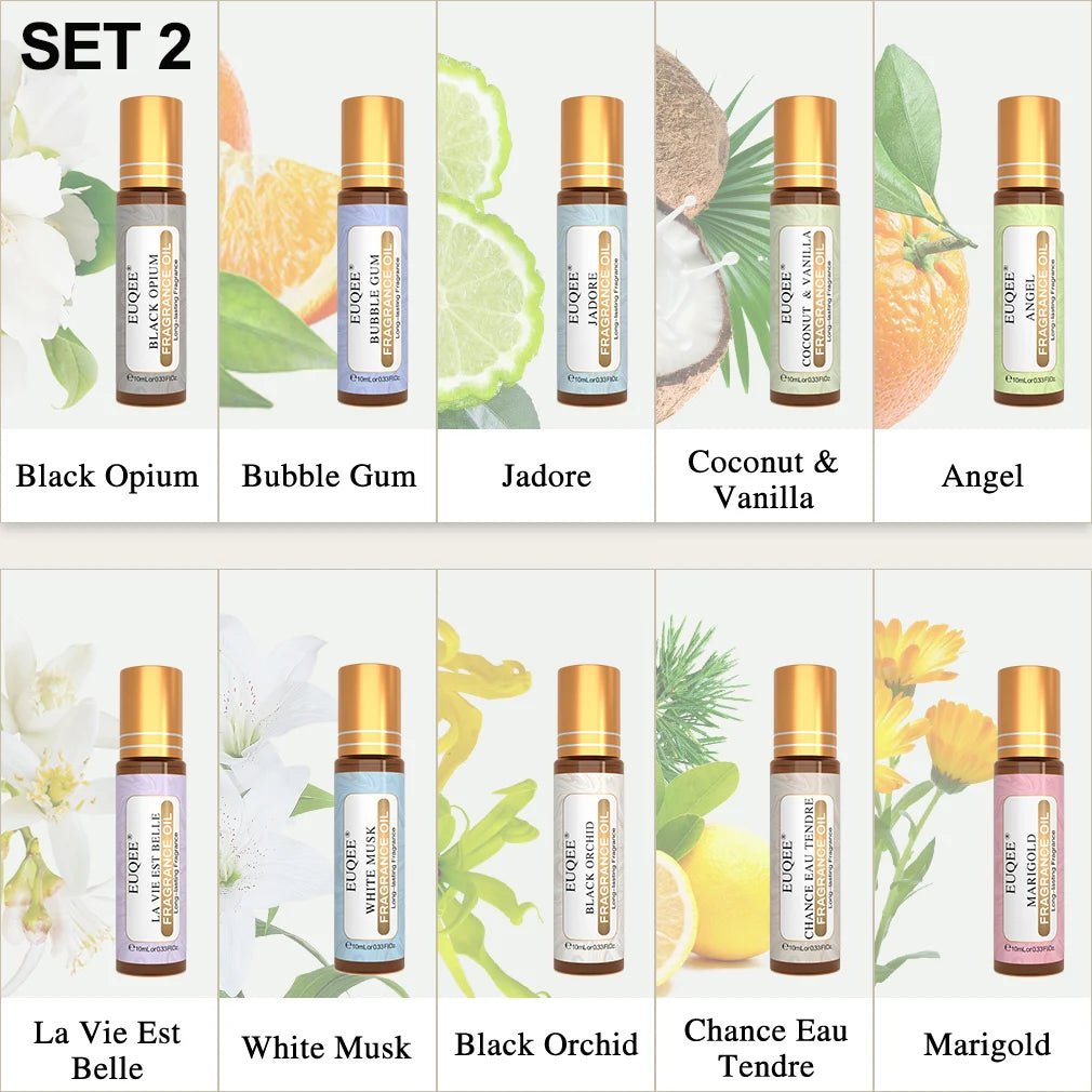 EUQEE 3PCS Fragrance Oils Roll-On Long Lasting Scent Coconut & Vanilla White Musk Baby Powder Fresh Linen Oud Wood Amber Romance