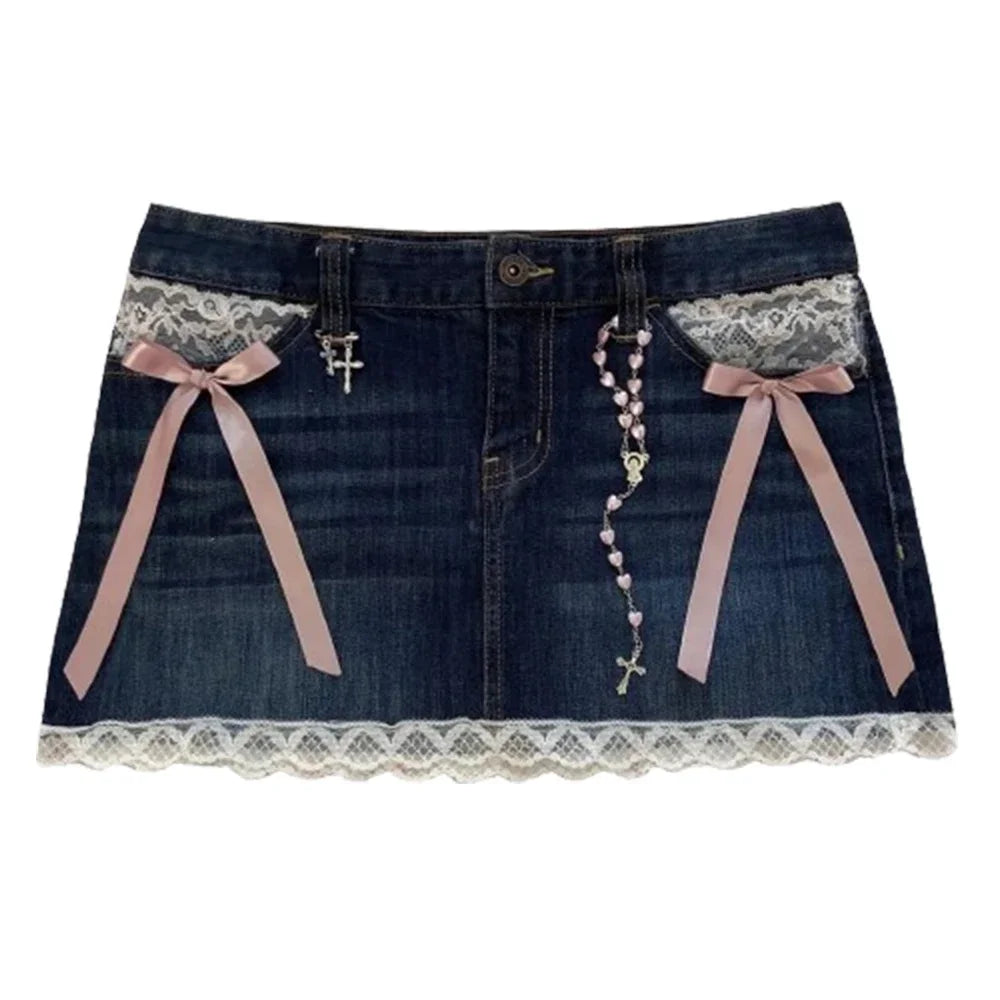 Retro Buddha Short Women Y2K Skirt Goth Hip Hop Pocket Embroidery Retro Blue Loose Denim Shorts Women High Waist Slim Mini Skirt 2