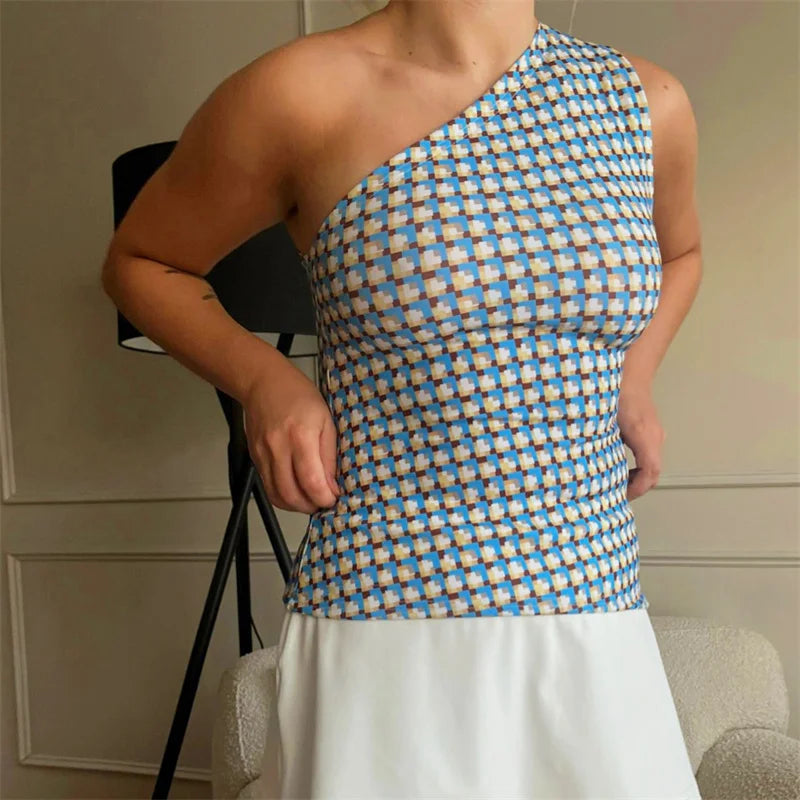 Xingqing One Shoulder Tank Top for Women Floral Print Sleeveless Backless Vest Cropped T Shirt y2k Aesthetic Clothing Streetwear