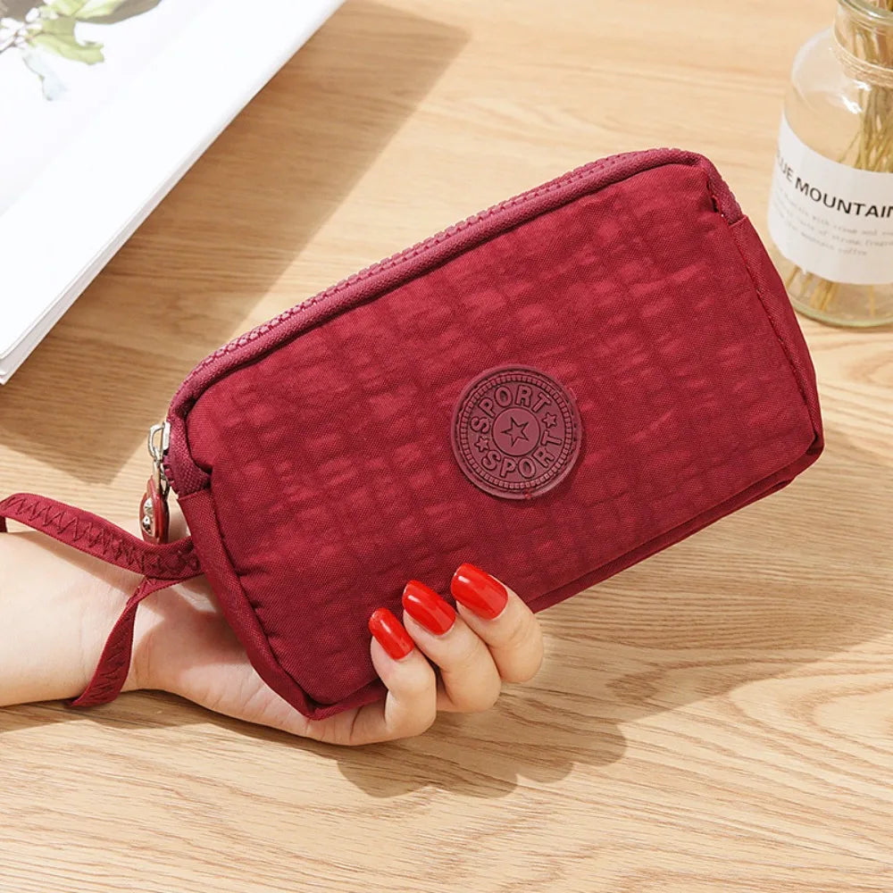 Bags Fabric Phone Purse Solid Color Coin Purse Three Zippers Bags Korean Style Wallets Women Wallets Wrinkle Clutch Bag Wine red