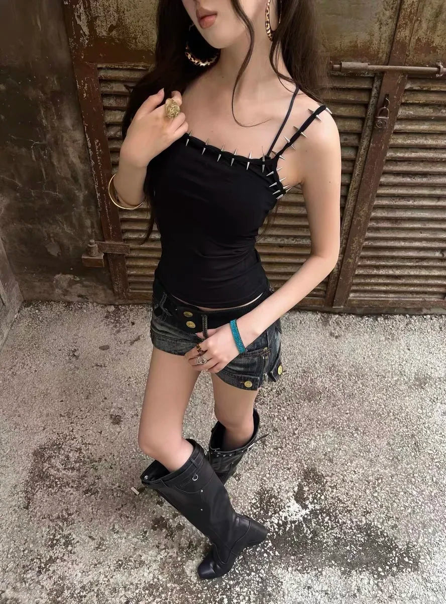 Y2k American style rivet vest aesthetic women's Grunge solid color navel top cool girl sleeveless casual women's 2000s top 1