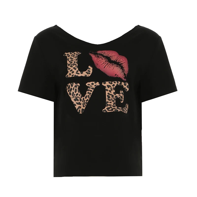 Cuteandpsycho Casual Sexy Crewneck Cropped Tops Slim Streetwear Summer Elastic Vintage Tees Short Sleeved Y2k Punk Clothings black