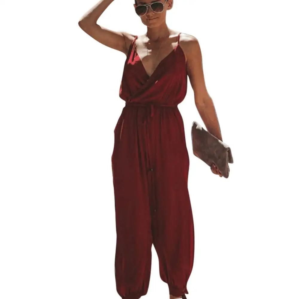 HOT SALES!!!Women Summer Sexy Backless Casual Deep-V Floral Print Strappy Jumpsuits Romper Wine Red