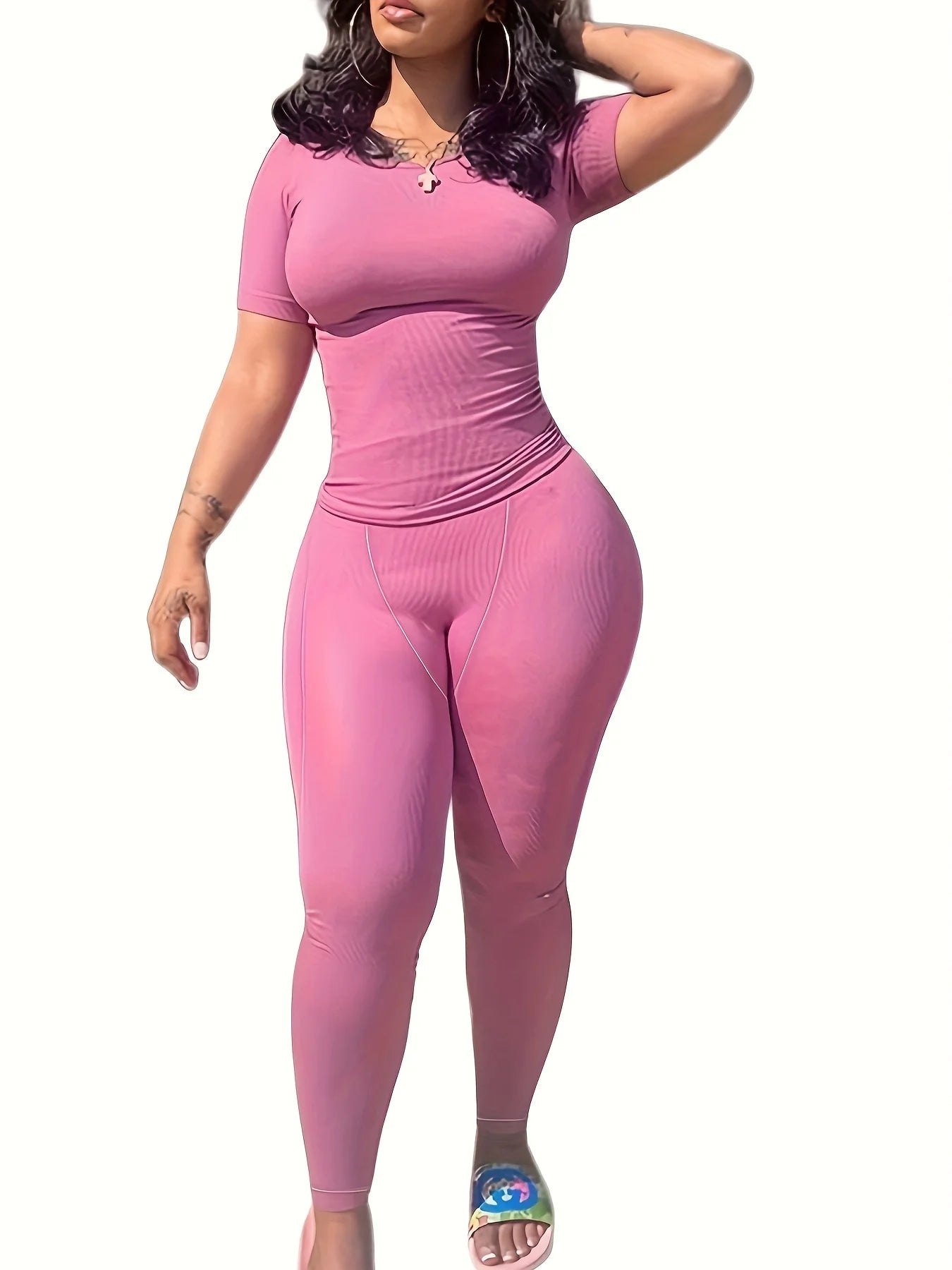 New style Lounge Wear Ribbed Casual 2 Piece Summer Shorts Set For Women Sleeve Top+Elastic Leggings Outfits Pink