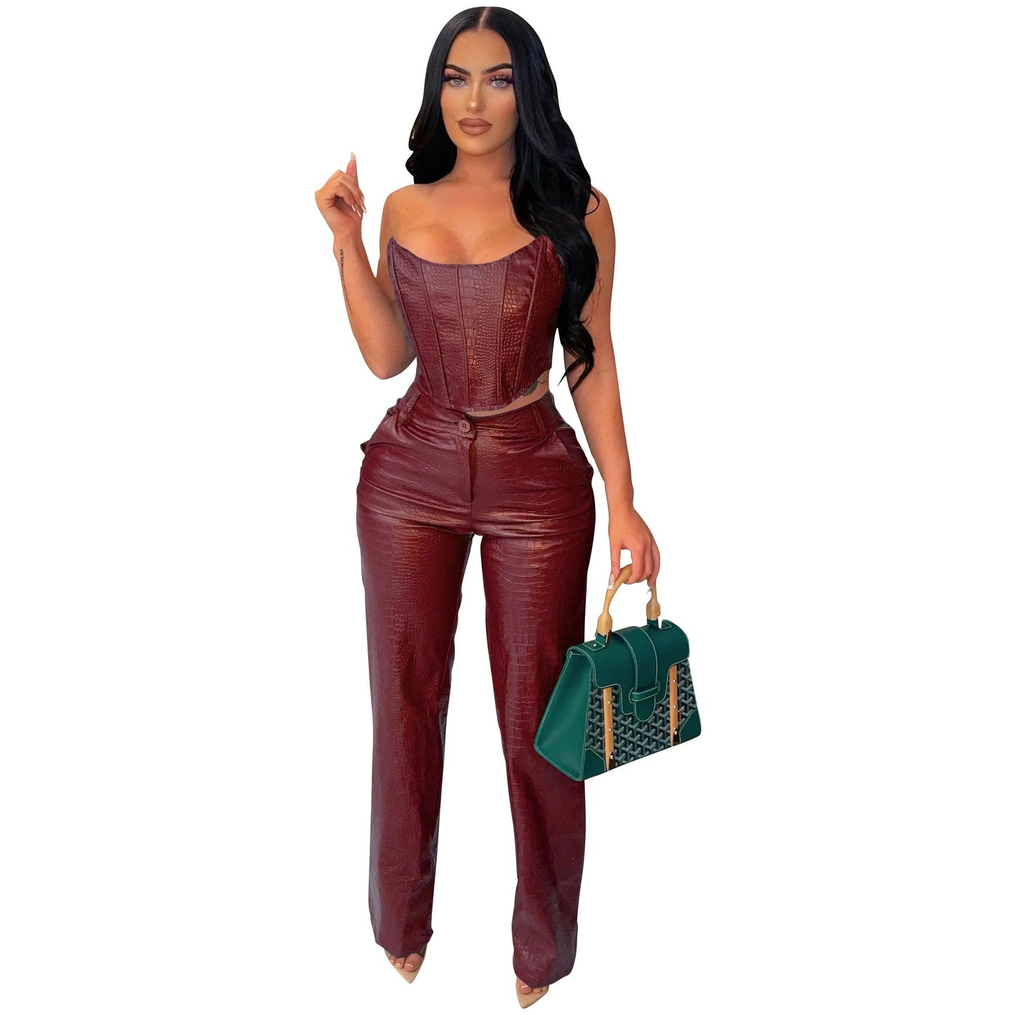 HBLL Women's Green Corset Cut-Out Cargo Sexy Sleeveless Jumpsuits PU Leather Matching Set Sexy Clubwear 2 Piece Outfits Claret