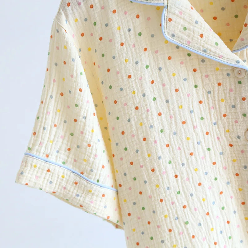 2025 New Summer Women's Pajama Set 100% Cotton Crepe Short Sleeve+Shorts+Pants 3-Piece Pajama Women's Cardigan Home Clothes
