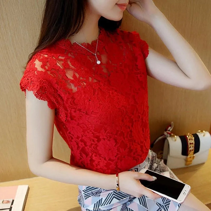 Summer Hollow Out Lace Blouse Elegant Shirt Ladies Tops Crochet Short Sleeve Bottoming Shirts Women Blouses Tops DF1591 red