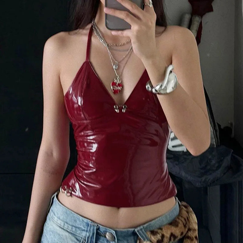 New y2k Solid Metal Button Women’s Halter Tops Sleeveless Pu Leather Punk Baddie Slim Women Blouses Streetwear Clothing Crop Top