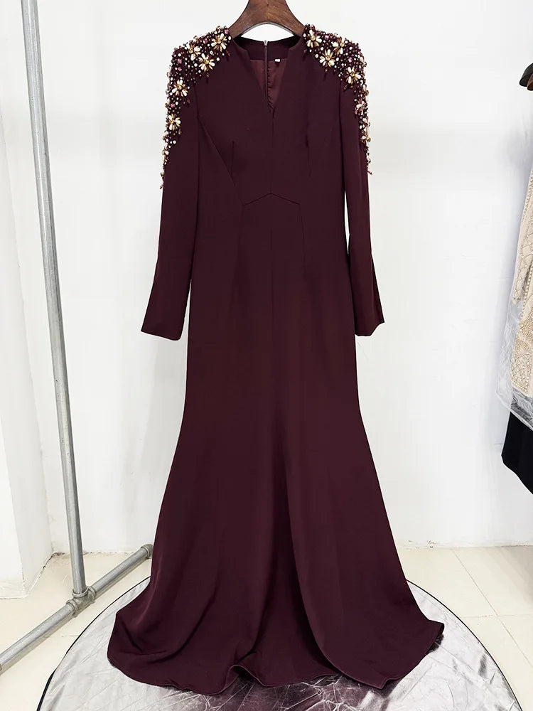 QMQA Fashion Women's Evening Dress Bead Diamond Spliced V Neck Long Sleeve High Waist Maxi Party Dresses 2025 Spring New QM324 Badiee Stylez