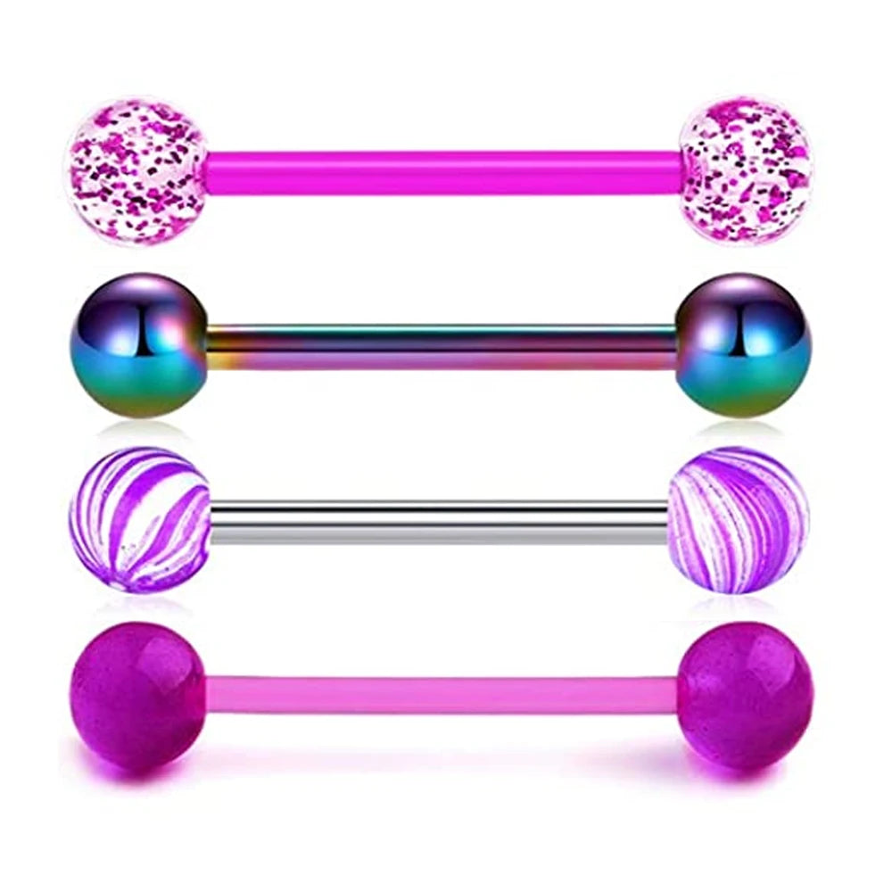 1PCS/4PCS Nipple Tongue Rings Straight Barbell 14G Stainless Steel Belly Button Rings Nipplerings Body Piercing Jewelry Purple 4PCS Set 1.6x16x5-8mm