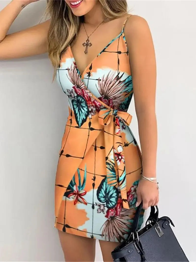 Women's Sexy V-Neck Spaghetti Strap Bodycon Dress, Slim Fit Party Dress with Waist Belt, Summer Cocktail Dress Orange