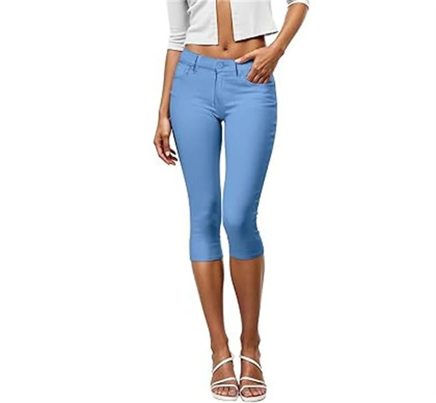 Women Color Capris Pants Stretchy Comfy Skinny Cropped Jeans Pants Button Front Casual Breathable SKY BLUE