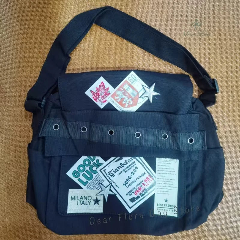 Y2k Vintage Canvas Messenger Bag Casual Preppy Crossbody Punk Patchwork Star Patch Shoulder American Fashion Retro Women Handbag Black 30x27x15cm