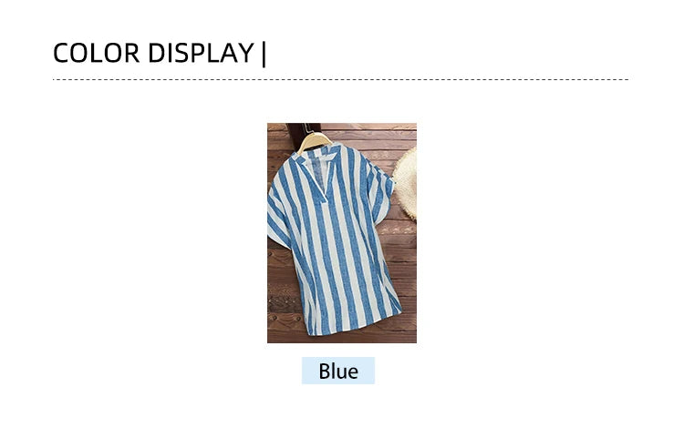 Plus Size 2024 Summer New Women's Striped Pullover T-Shirt V-Neck Short Sleeve Casual Tops Polyester