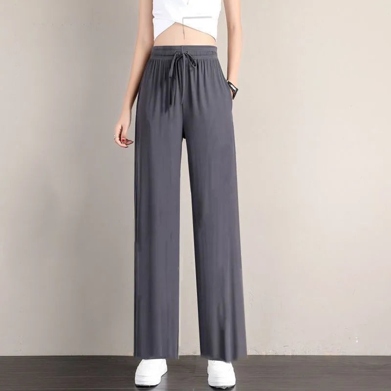 1pcs Summer Women Ice Silk Pant Female High Elastic Waist Drawstring Pocket Loose Straight Trousers Student Sports Straight Pant Grey
