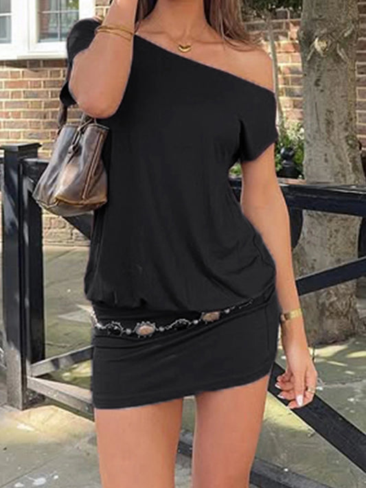 SUCHCUTE Bat Sleeve Wrap Dress Women One-Shoulder Solid Backless Bodycon Dress Evening Party Club Dress Y2K Sexy Outfits Summer