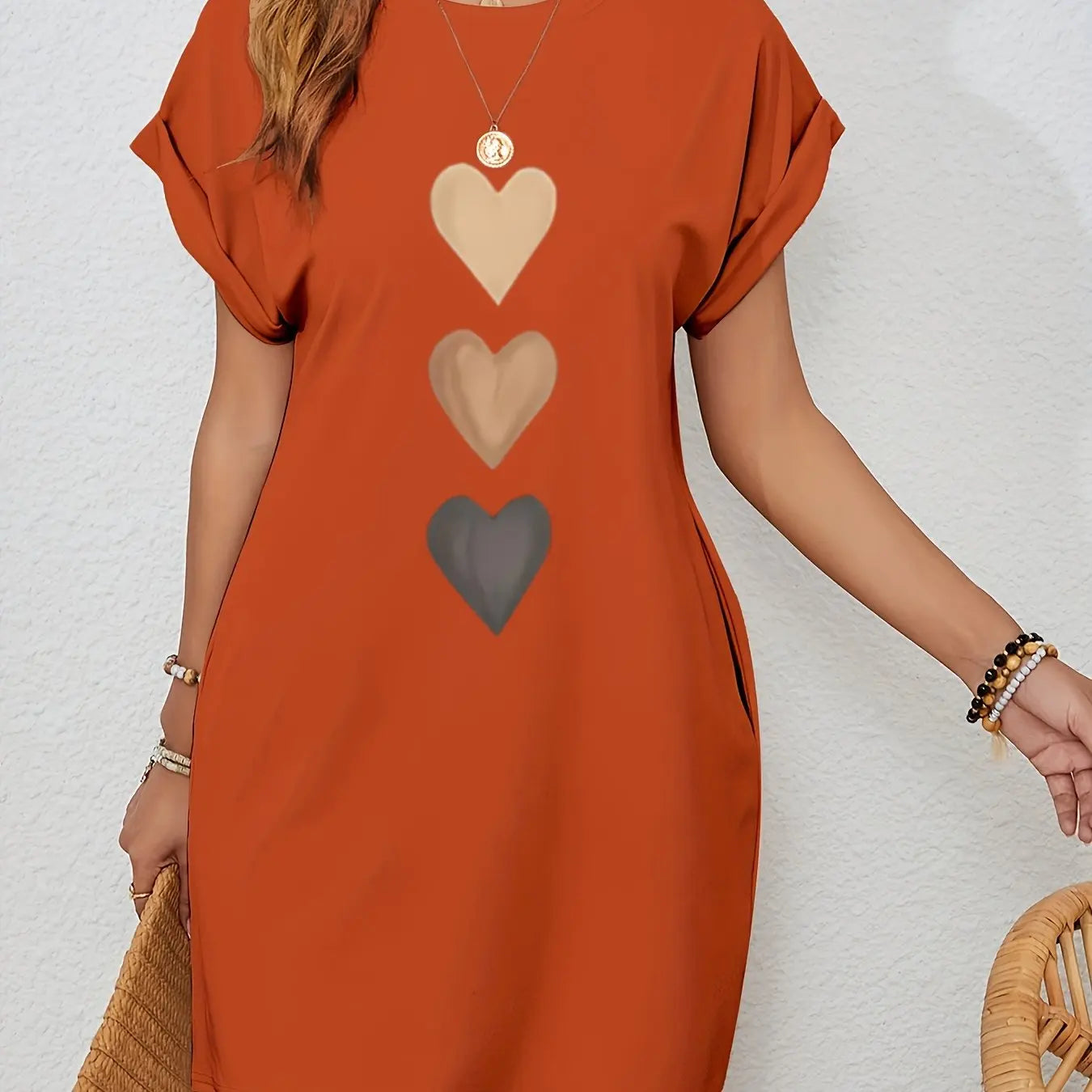Women'S Casual Knit TShirt Dress with Heart Print Crew Neck Short Sleeve Fashionable Top Black with Colorful Flag Design