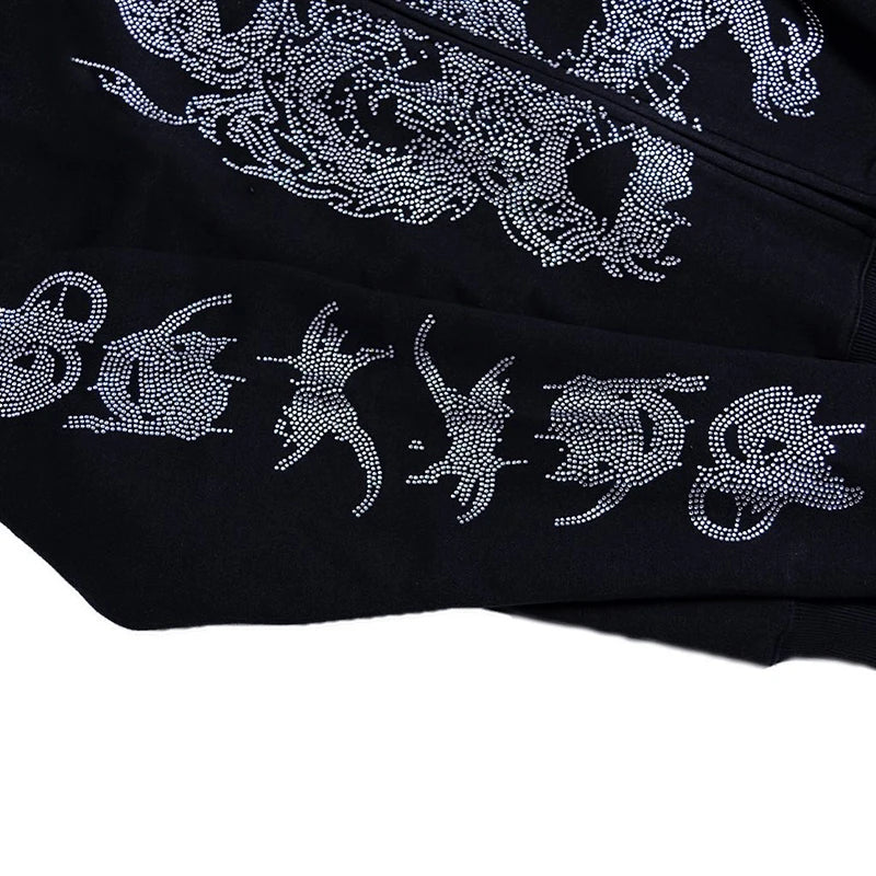 Y2K Rhinestone Cobweb Zip Up Oversized Sweatshirt 2022 Autumn Goth Hoodie Men Women Grunge Hooded Jacket Streetwear Y2K Clothing