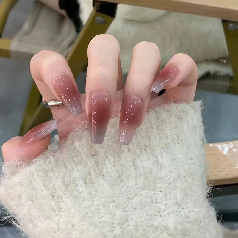 Red Black Gradient Press on Nails Medium Length Coffin Fake Nails with Sticky Tabs Ballerina False Nails Tips for Women 24Pcs Y-5