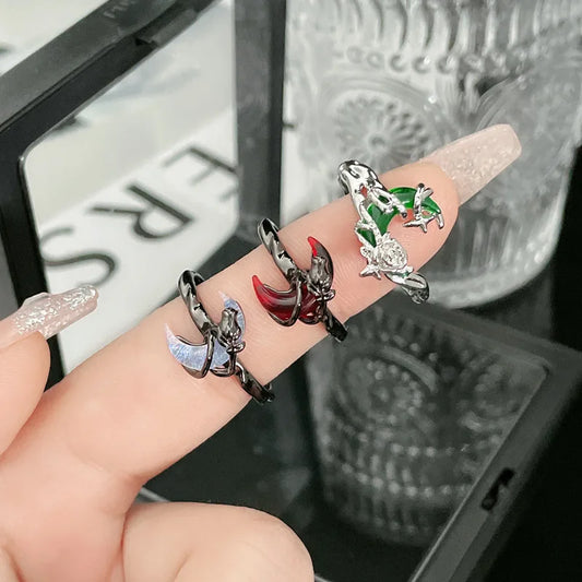 Y2K Moon Rose Ring Irregular Black Women Neo Gothic Hot Girl Design Sense Ring Anime Deep Red Moon Aesthetics Ring Jewelry Gift