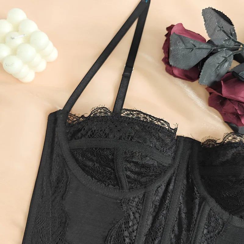 Women Lace Bustier Top Sexy Sheer Mesh See Through Spaghetti Strap Slim Camisole Y2K Going Out Night Club Party Corset Top