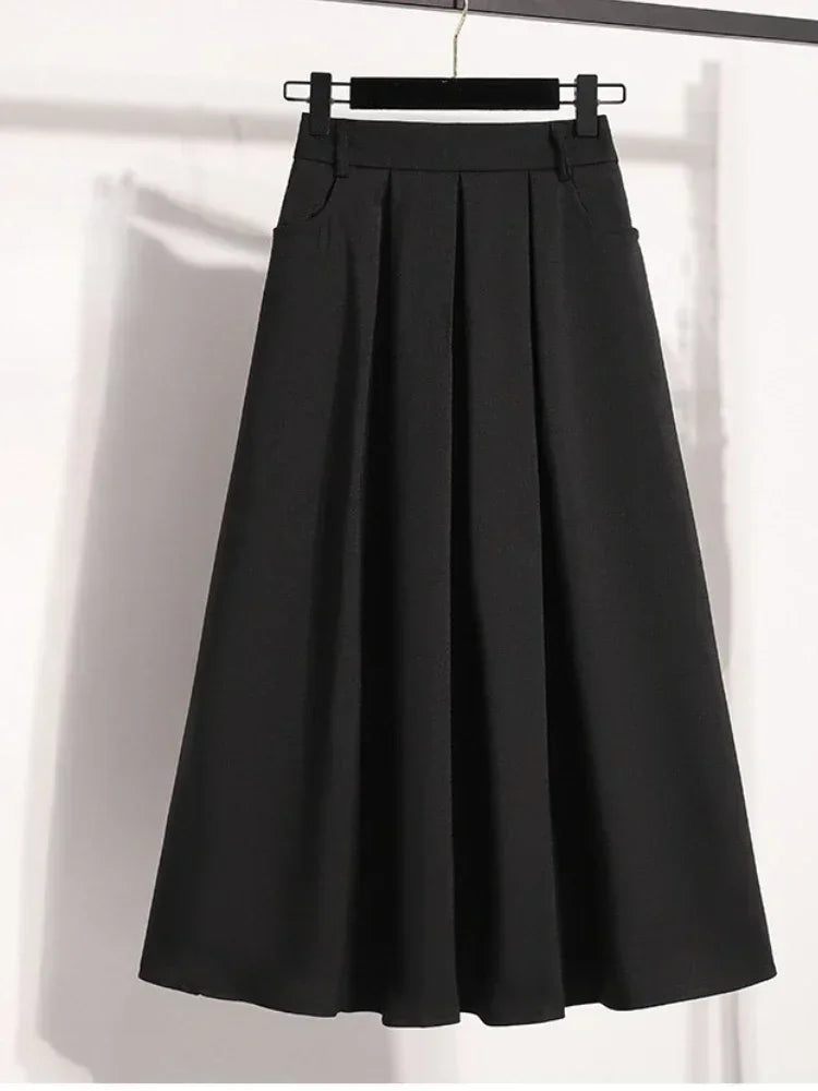 2025 Solid Color Versatile Medium Length Skirt Pleated Plus Size A-Line Maxi Gown Cover Hip Spring Summer New Half-length Skirt