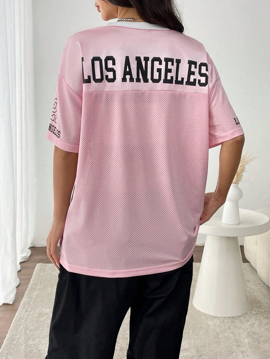 Pink V-neck Fashionable Casual Short Sleeved T-shirt Women Summer Quick Drying Breathable Sportswear Oversized Top Clothing