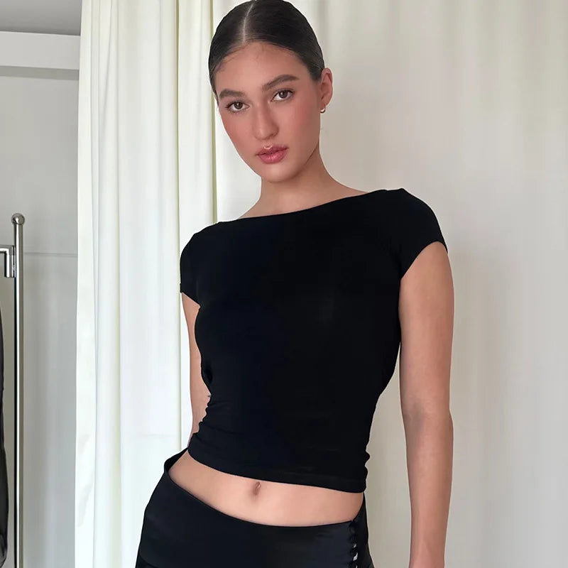 O Neck Short Sleeve Backless Ruched Crop Top Women'S Tshirt Y2K Streetwear Summer Spring Dropshipping Casual Clothing