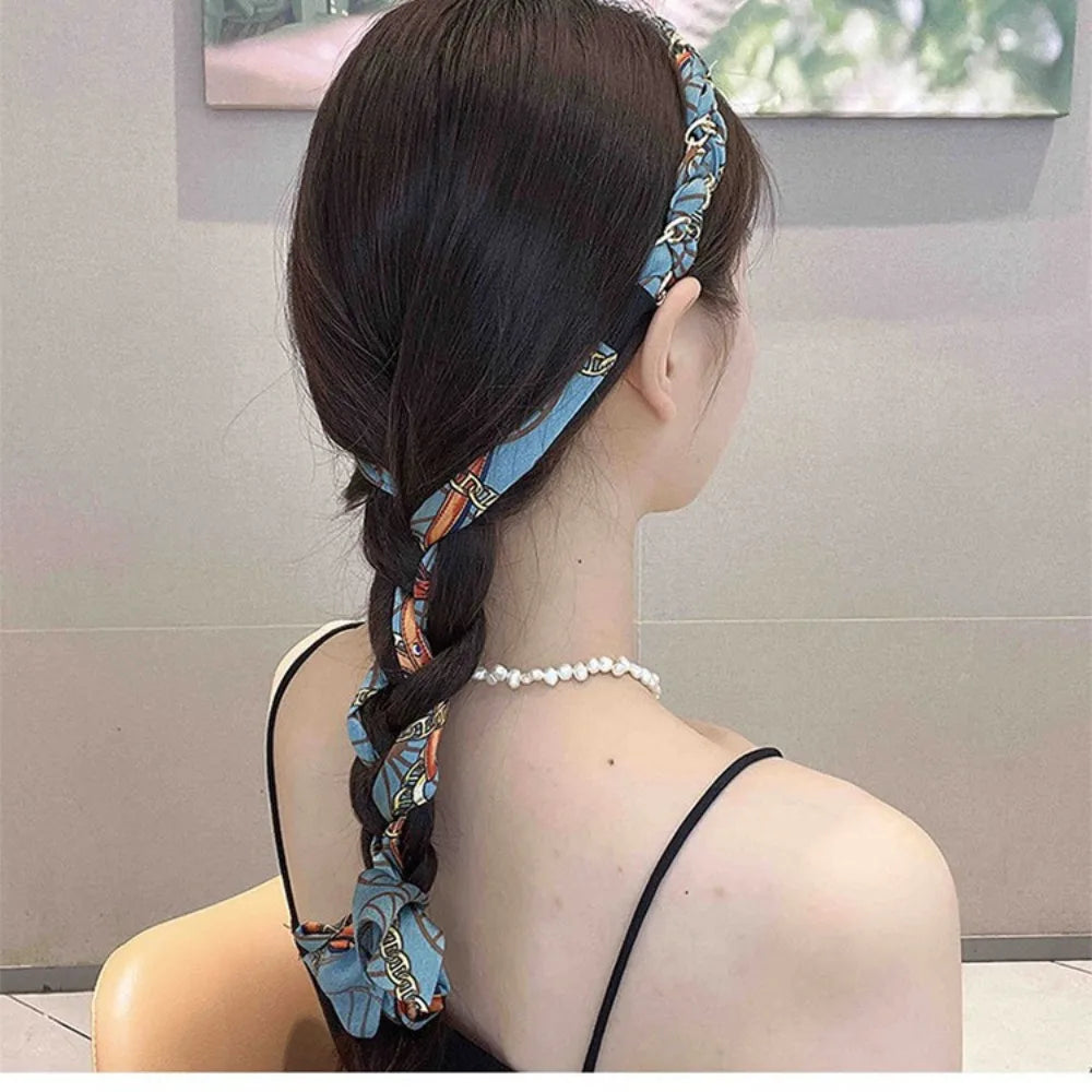Retro Silk Scarf Headband Floral Print Pearl Braided Hairband Adjustable Bow Non Slip Ribbon Hairband for Women Girls Kid