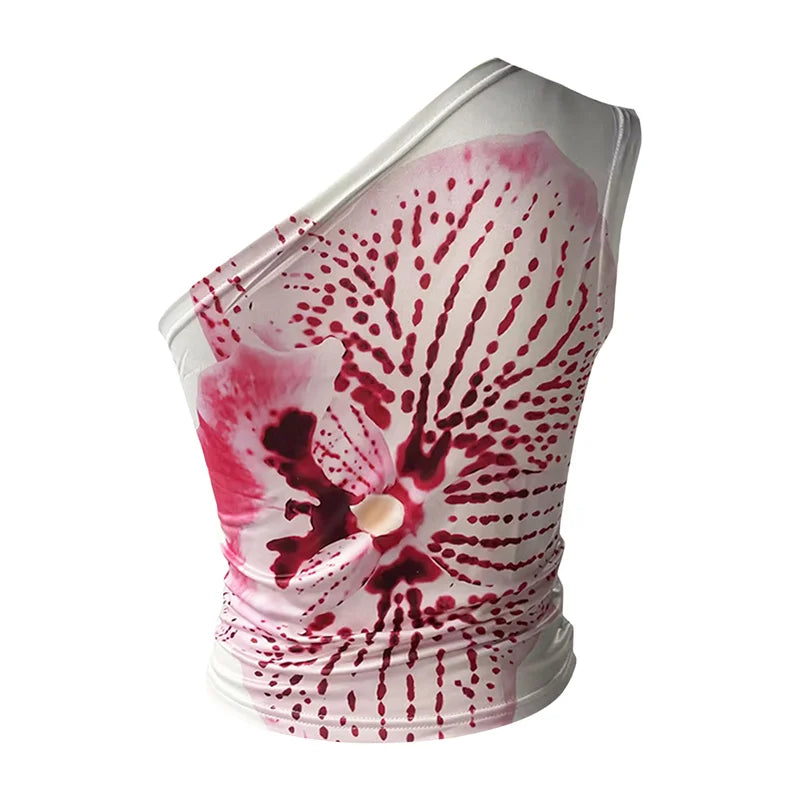 Xingqing One Shoulder Tank Top for Women Floral Print Sleeveless Backless Vest Cropped T Shirt y2k Aesthetic Clothing Streetwear