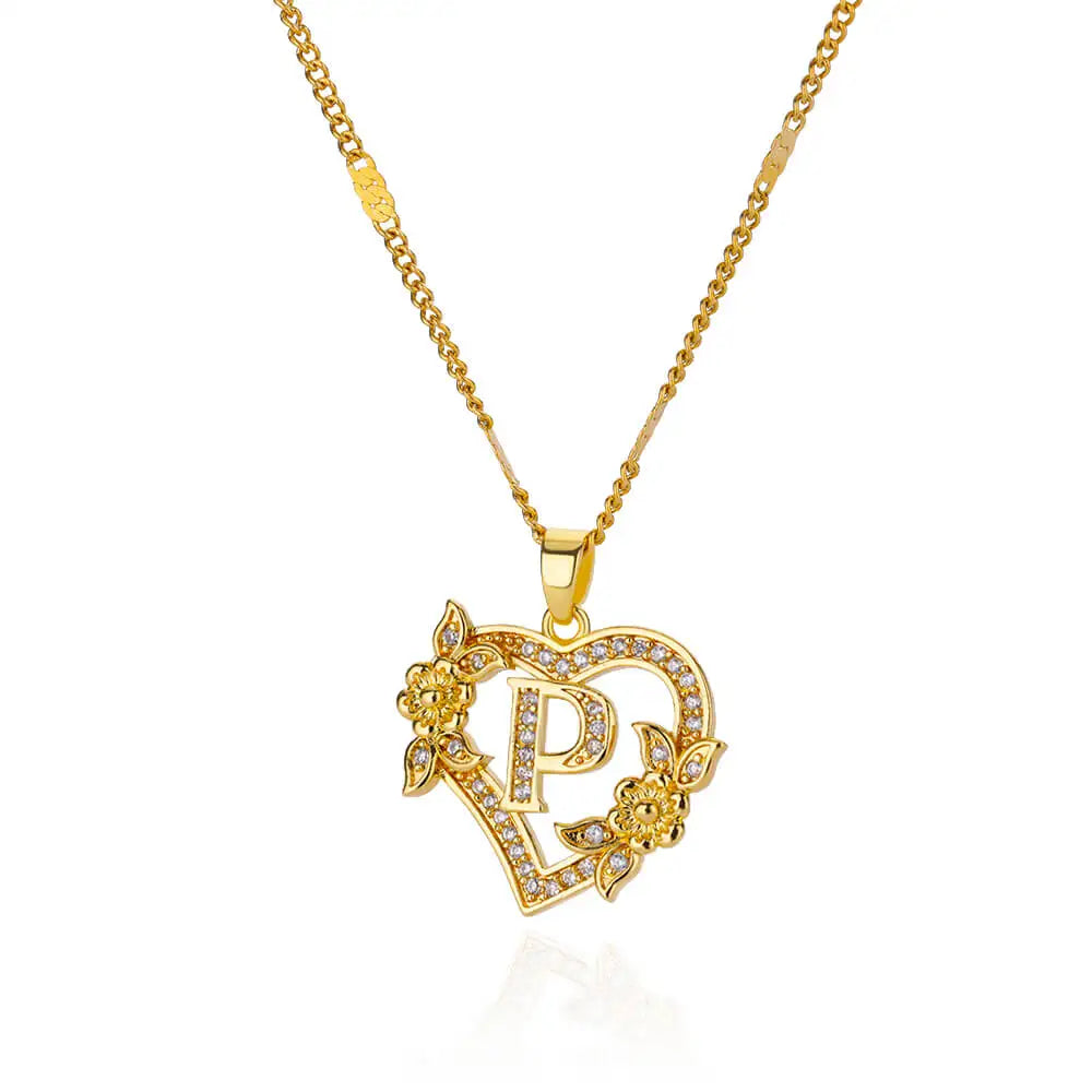 Zircon Flower Heart Initials Necklaces For Women Stainless Steel Heart Lover Gold Color Letter Chain Collar Necklace Jewelry P CHINA