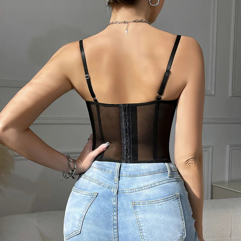 Women Lace Bustier Top Sexy Sheer Mesh See Through Spaghetti Strap Slim Camisole Y2K Going Out Night Club Party Corset Top