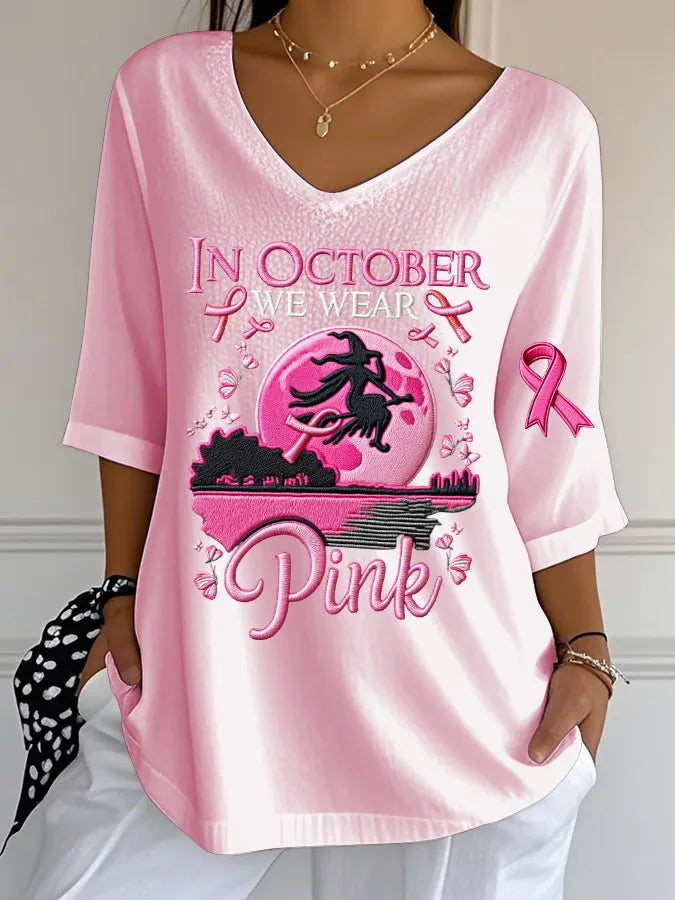 Women's Halloween Graphic Print T-Shirt Pink Ribbon Witch Halloween Costume T-Shirt Gifts Women Fashion Gothic Aesthetic Clothes