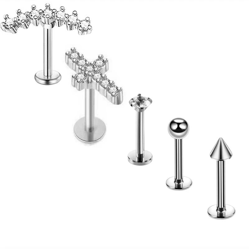 5PCS Flower Tragus Piercing Set Flat Back Cz Cartilage Stud Earring Helix Jewelry Conch Rook Stud Lot Labret Lip Piercing Bulk 5PCS Set26