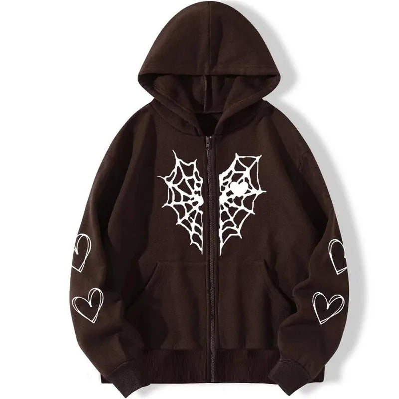 Y2K Rhinestone Cobweb Zip Up Oversized Sweatshirt 2022 Autumn Goth Hoodie Men Women Grunge Hooded Jacket Streetwear Y2K Clothing nz650-brown