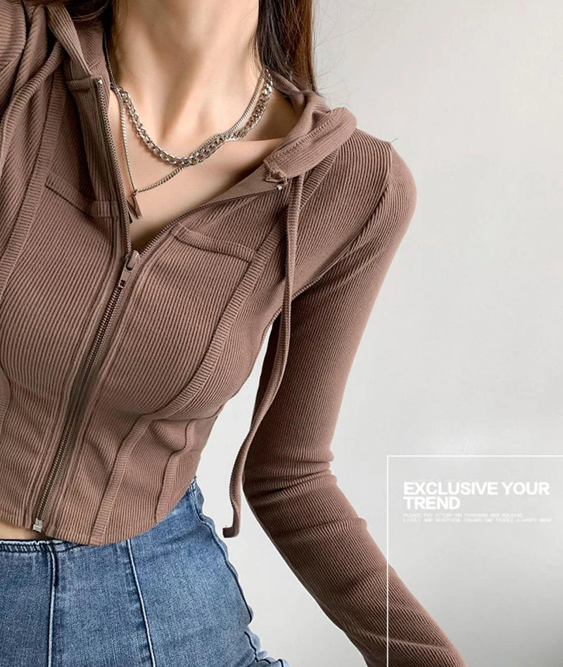 Thin Hooded Cardigan Women Korean Vintage Slim Summer Solid Sports Jacket Vertical Pit Stripe Zipper Female Sexy Cropped Tops