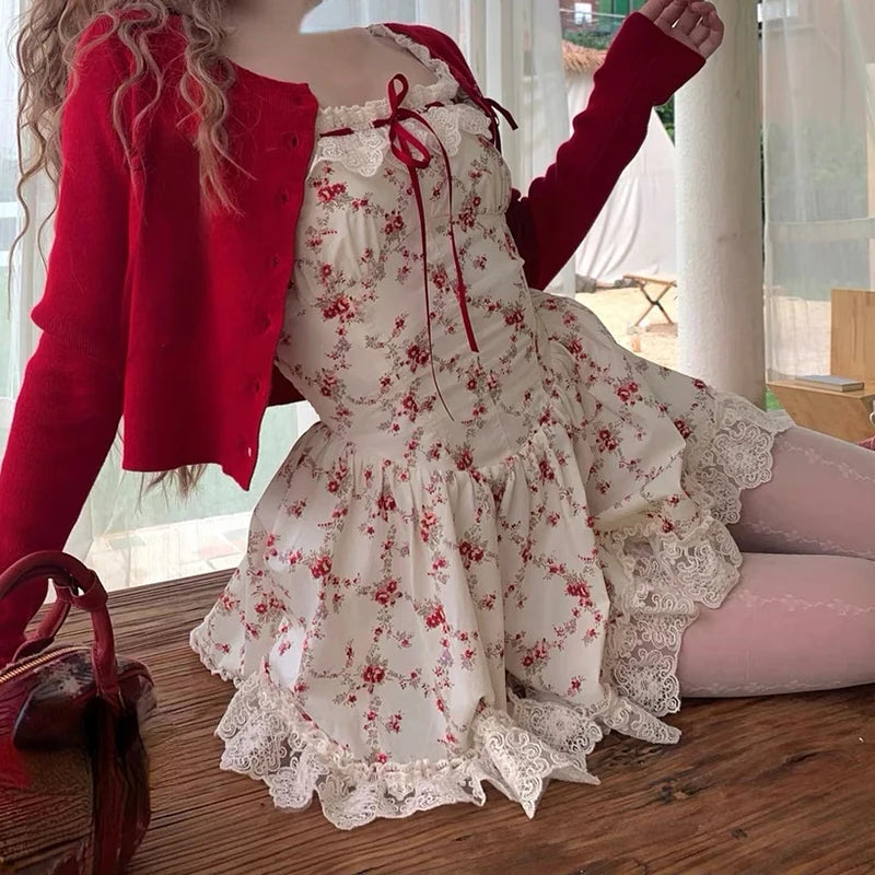 Y2K Sweet Floral Dress Set Woman Casual Red Short Cardigan Elegant Lace Mini Dress Female Korean Prairie Chic Clothing Suit