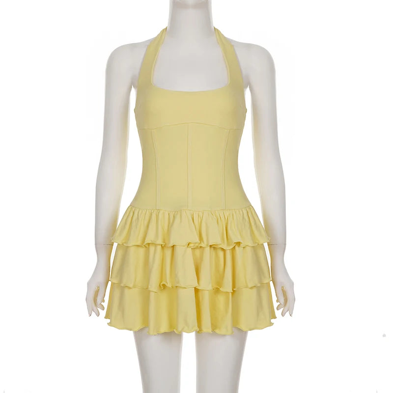Tornova Vacation Halter Mini Dress For Women Solid High Waist Puffy Dress Ruffled Splice Fashion Sexy Slim Dress 2025 Summer New Yellow