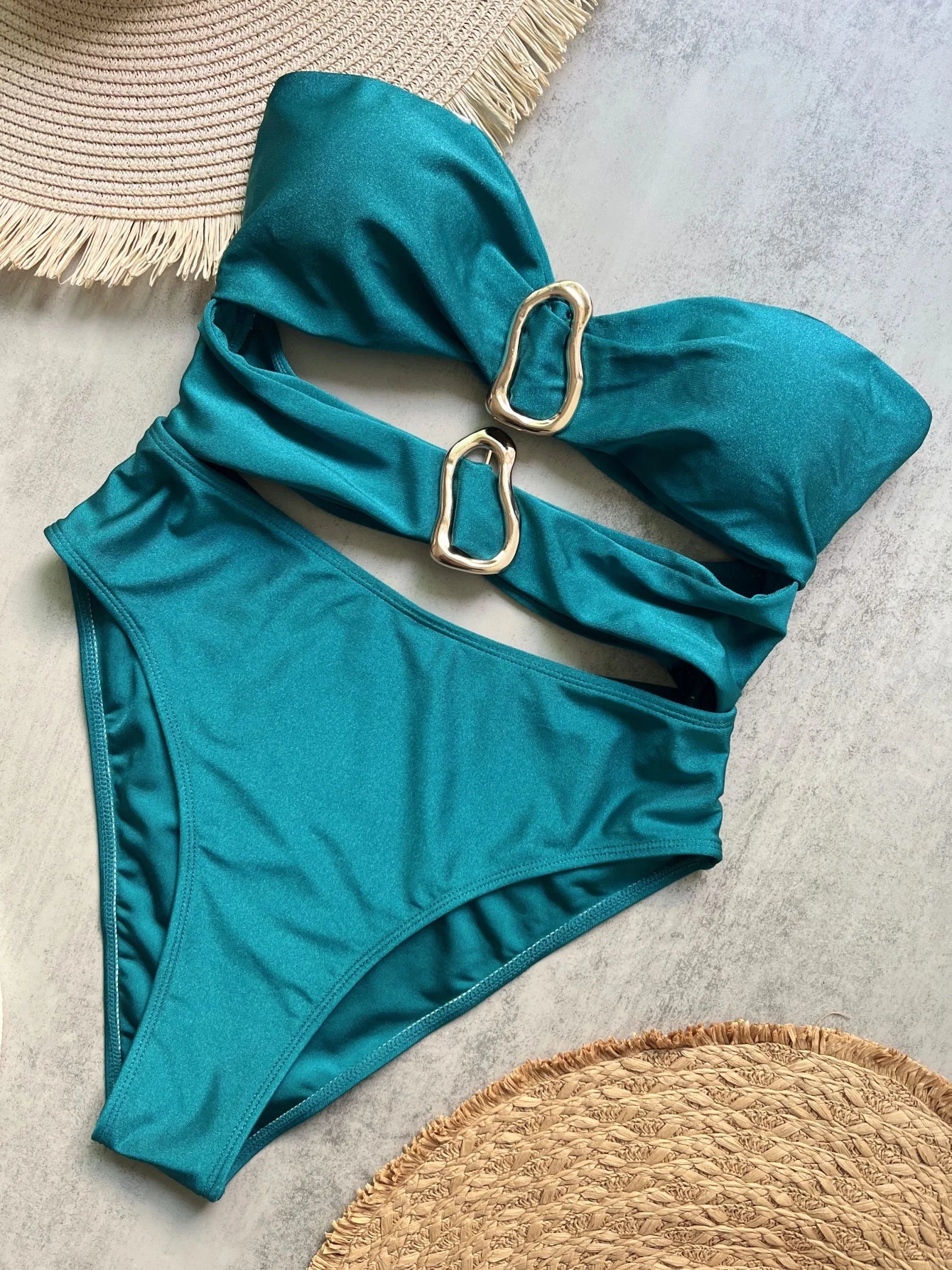 3 Colors Sexy Metal Rings Cut Out Women Swimwear One Piece Swimsuit Female Bandeau High Leg Cut Bather Bathing Suit Swim B022D B026D