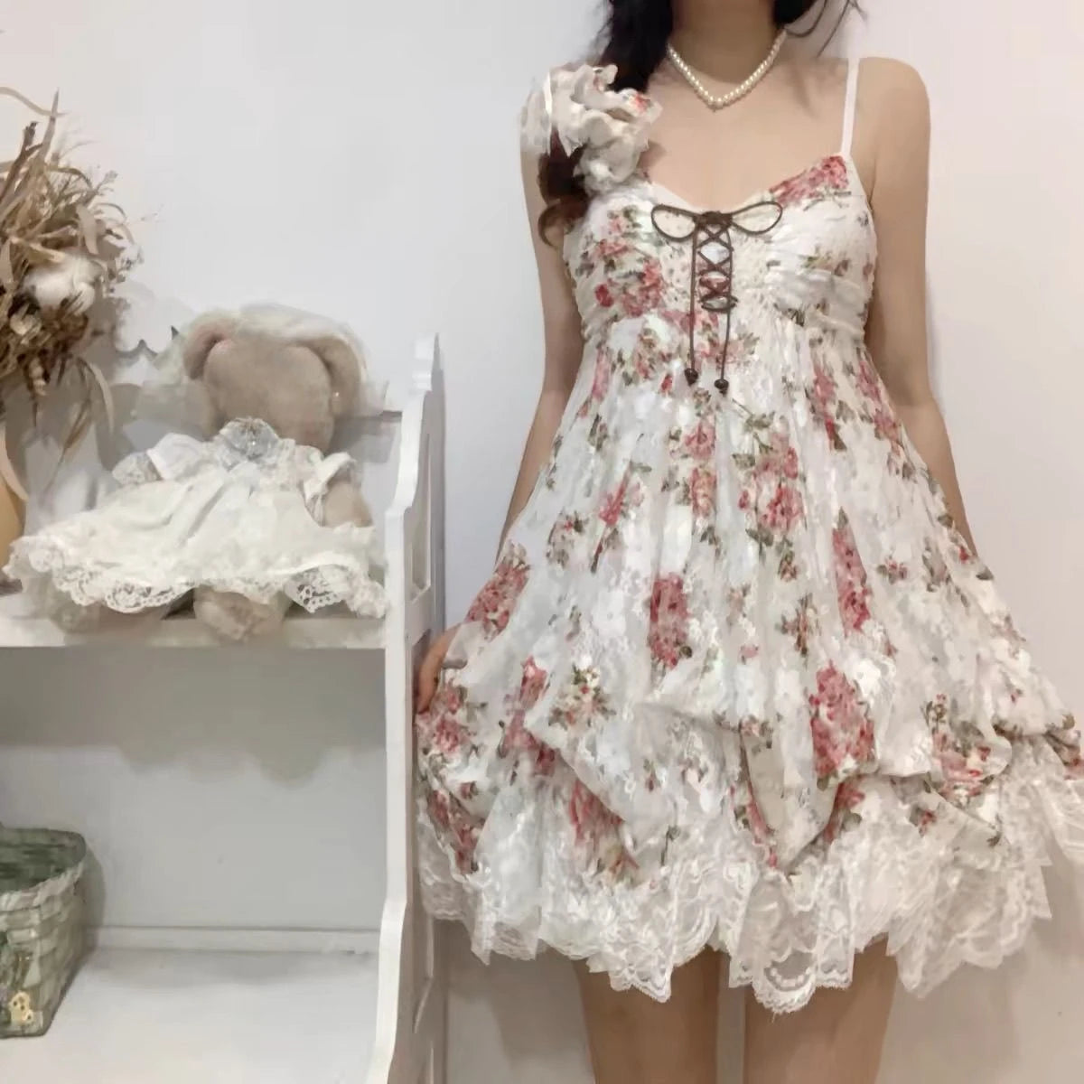 2000s Gothic Vintage Mini Dress Women Sleeveless Strap Party Dress Evening Lace Retro Cltohing Japanese Y2k Black Chic 3292 Floral