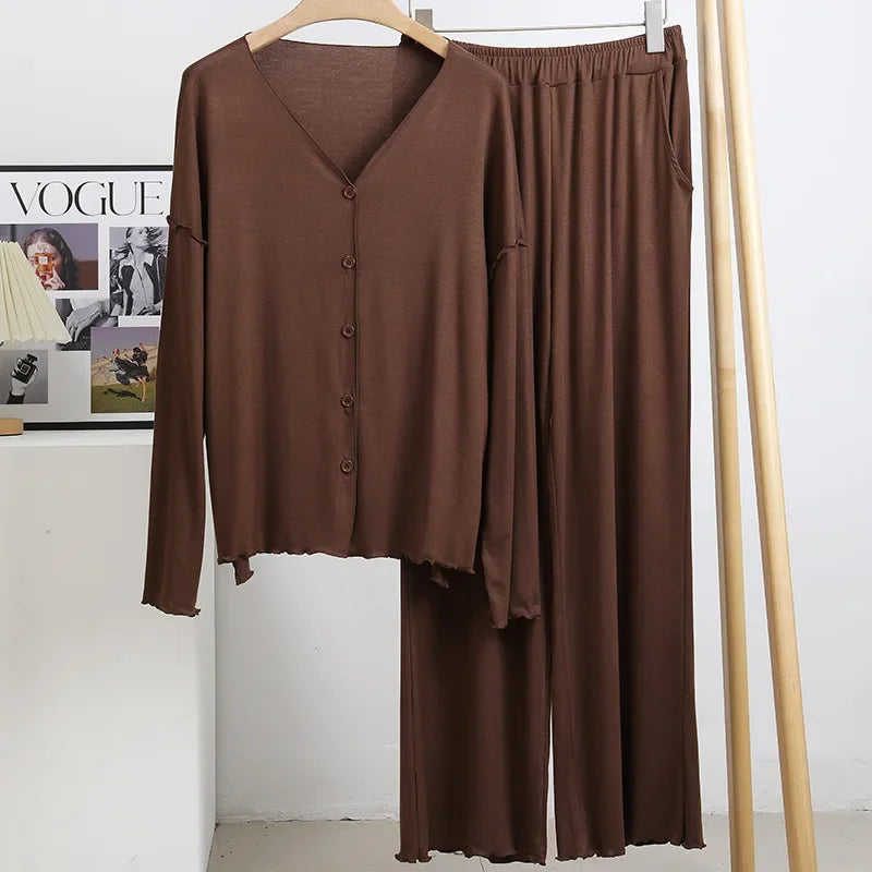 Japanese new style cotton pajamas suit ladies spring and autumn cardigan solid color long-sleeved trousers home service suit Mocha One Size