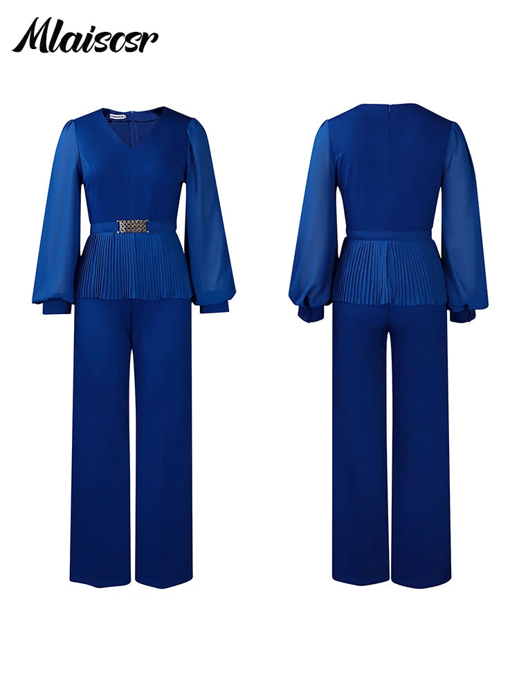 Mlaiscsr Elegant Long Sleeve V-neck Pleated Belt Top and Wide Leg Pant Matching 2 Piece Sets African Women Office Lady Outfits