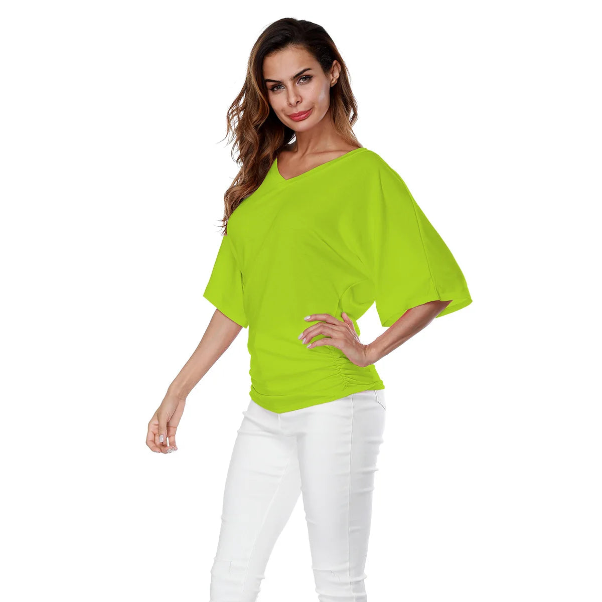Women V Neck Short Sleeve Pleated Loose T-shirts Summer Lady Batwing Sleeve Oversized S-5XL Tee Shirt Tops OUYMFZ-A1375