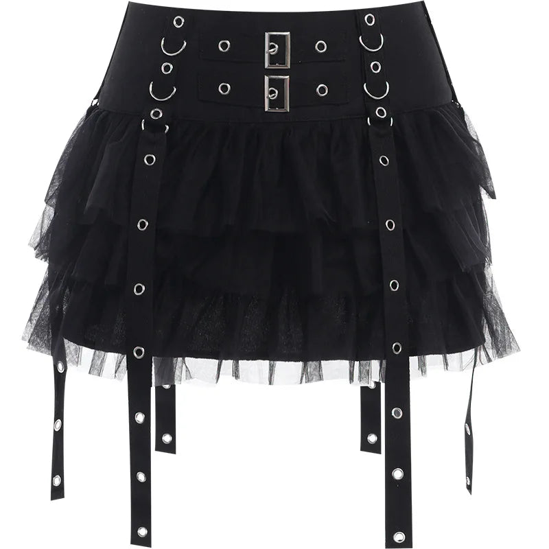 Y2K Street Dark Devil Cloth Strip Pleated Skirt Metallic Buckling Lace Layer Cake Short Skirt Women‘s High-end Design Sex Skirt