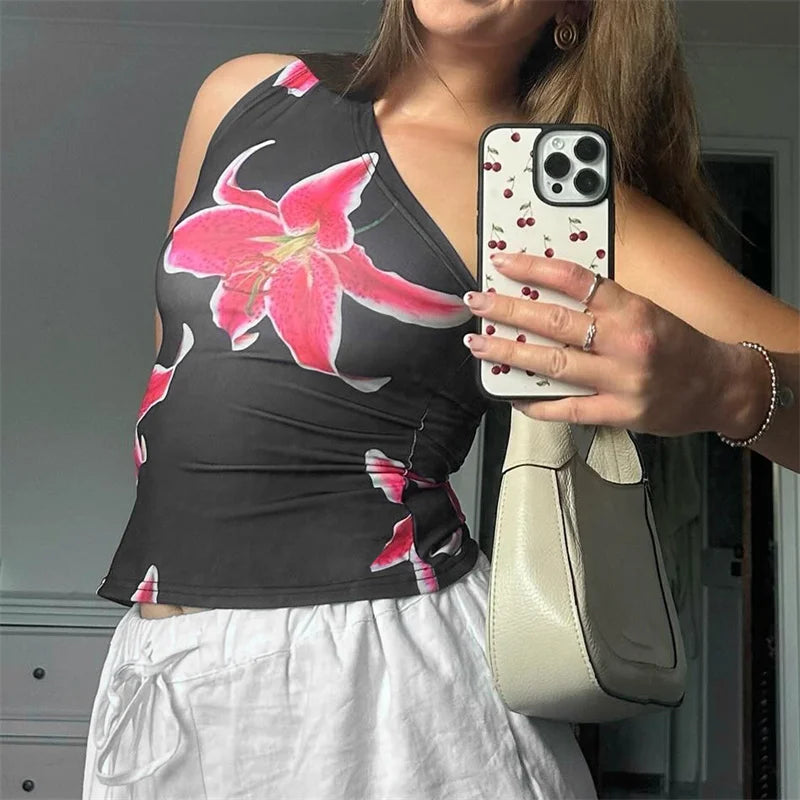 Xingqing One Shoulder Tank Top for Women Floral Print Sleeveless Backless Vest Cropped T Shirt y2k Aesthetic Clothing Streetwear